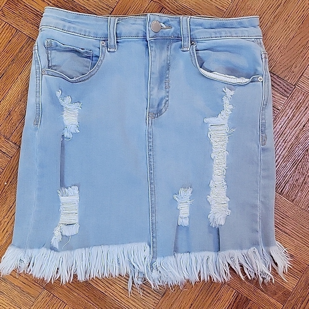 Denim Blvd Distressed Denim Skirt with Fringe Hem Size Small